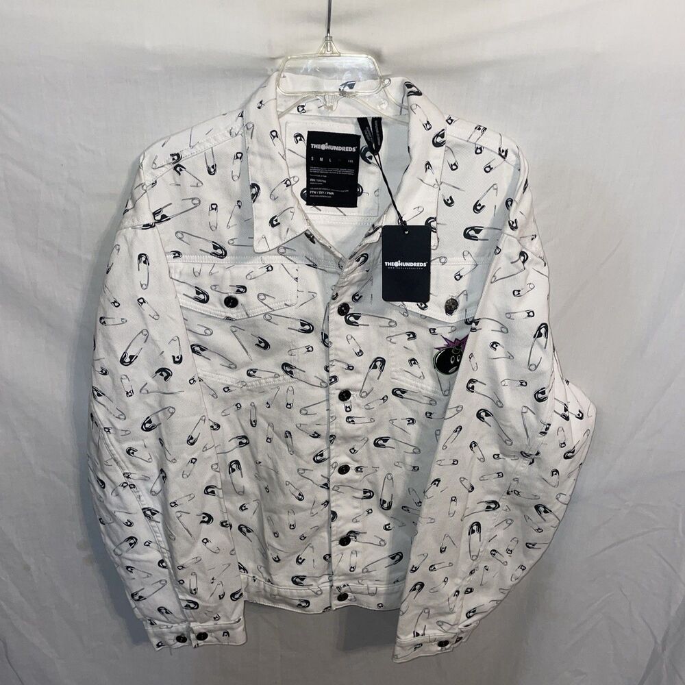 The Hundreds Men’s Denim Shacket Size XL White Safety Pin Motif Streetwear NWT